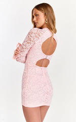 Kyra Mini Dress Long Flare Sleeve High Neck Lace Dress in Light Pink