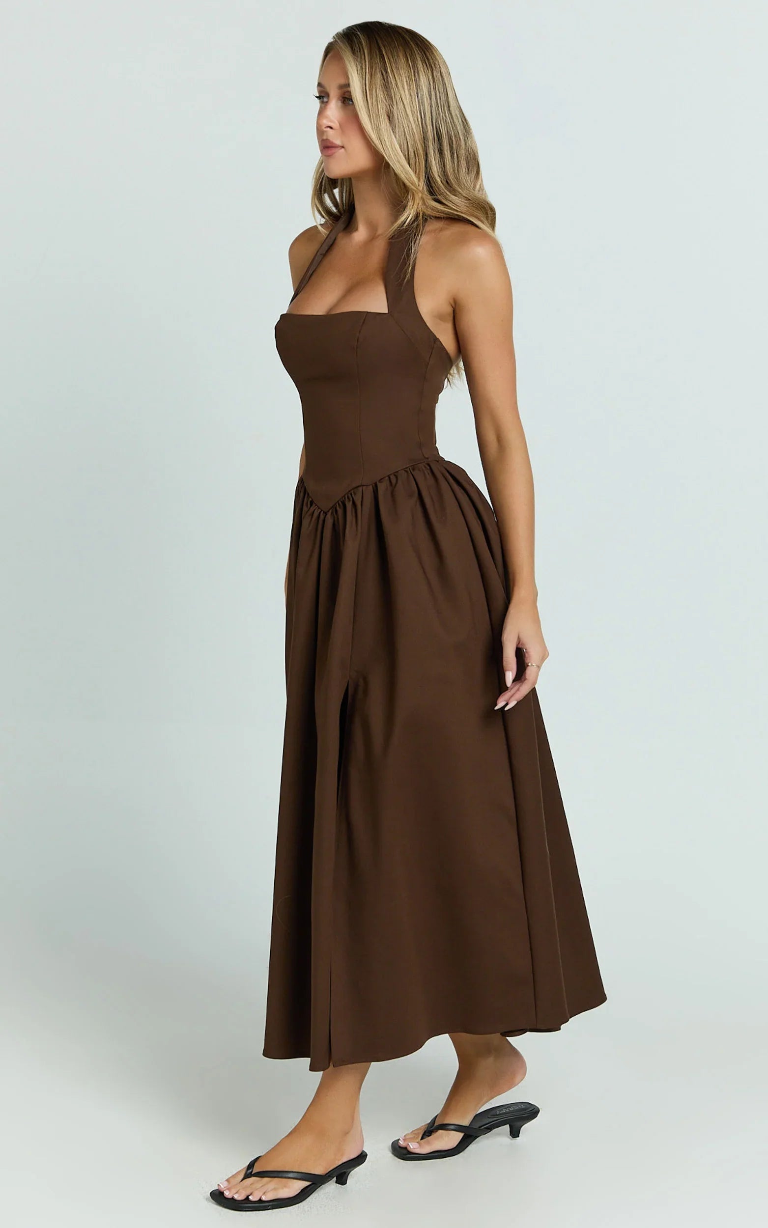 Helda Midi Dress Halter Tie Neck Corset Panel Dress in Chocolate