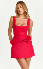 Vivienne Mini Dress Square Neck Rosette Peplum Dress in Red