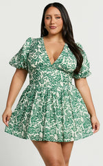 Nelli Mini Dress Short Puff Sleeve Shirred Back Dress in Green Silhouette