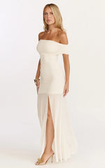 Alanna Maxi Dress Off Shoulder Ruched Mesh Dress in Cream