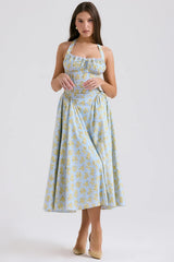 soft blue vintage floral print cotton halter sundress