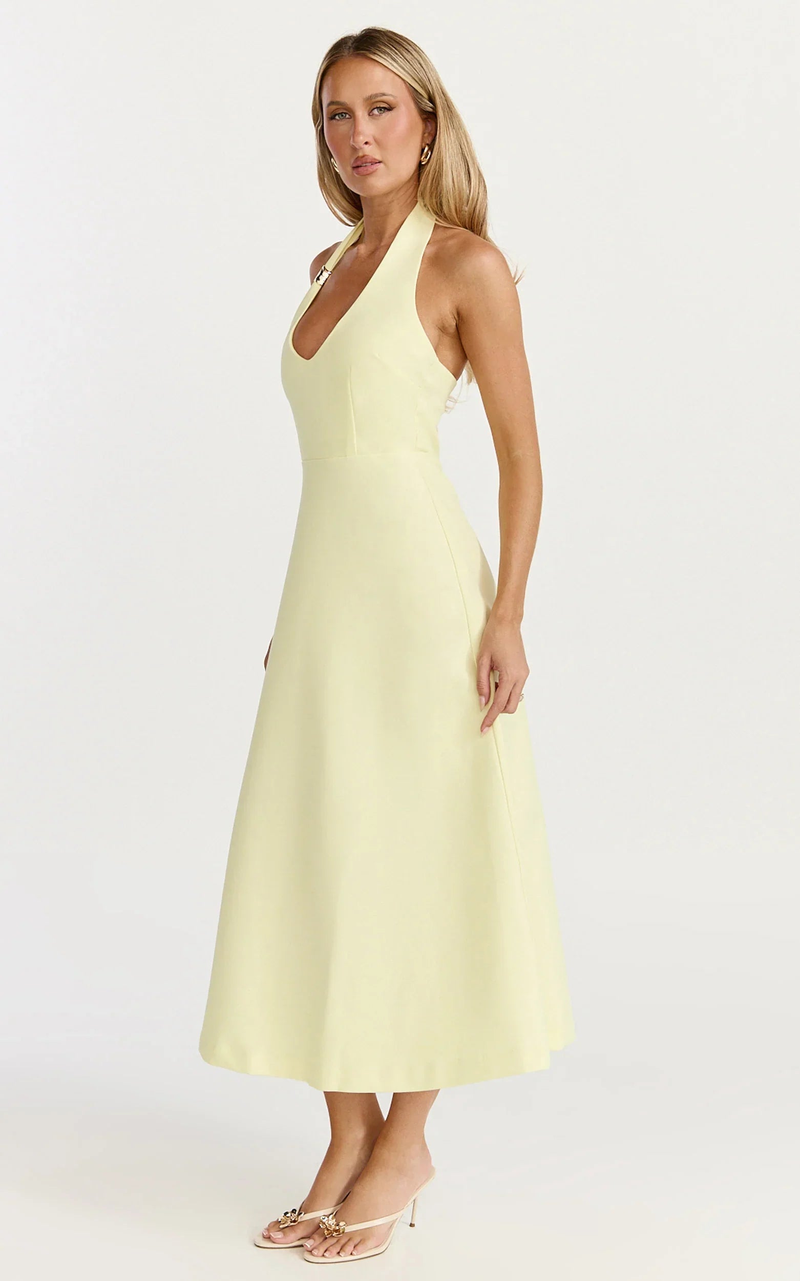 Leilani Midi Dress Plunge Neck Hardware Fit and Flare Dress in Lemon