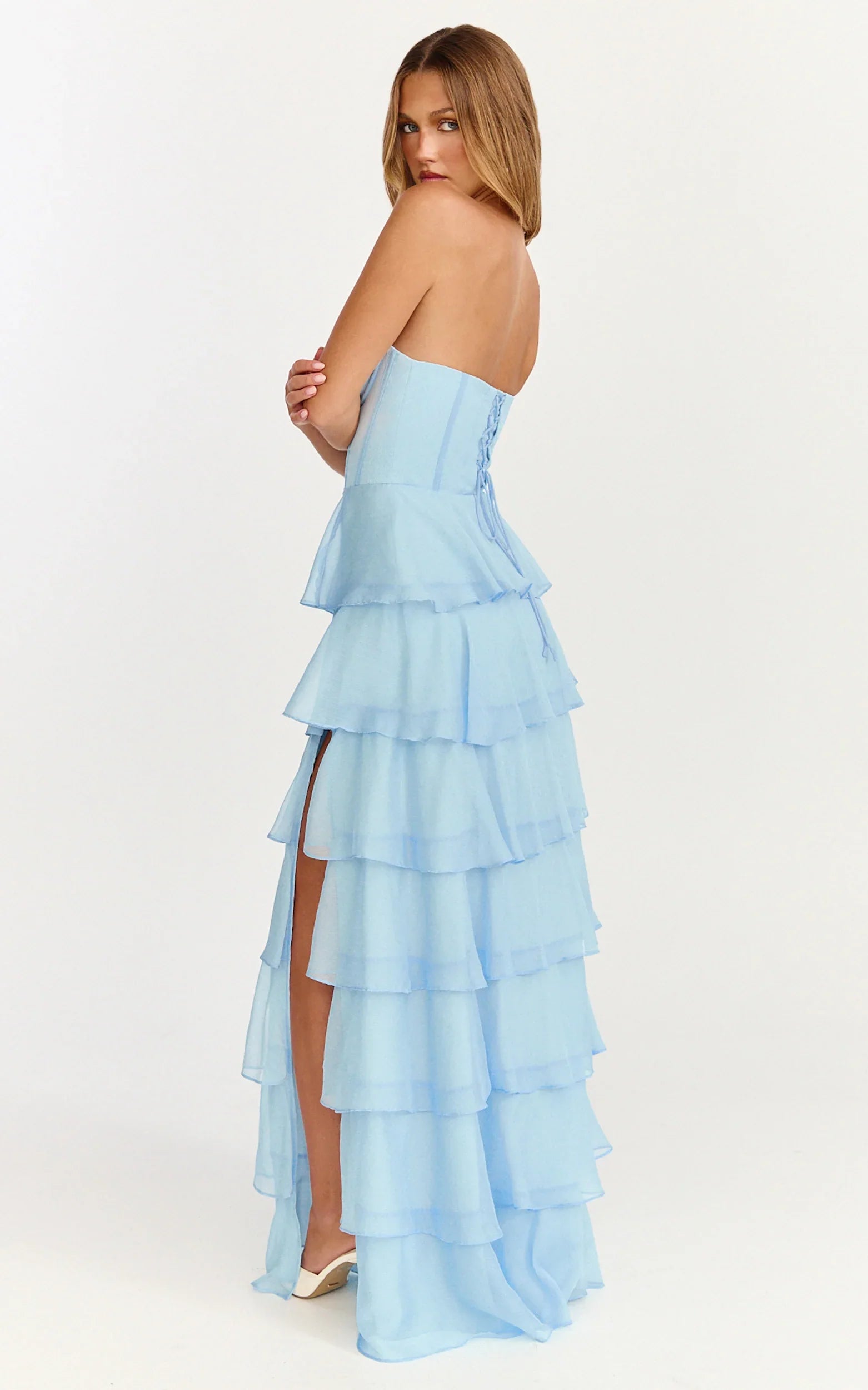 Bella Maxi Dress Strapless Corset Bodice Lace Up Back Tiered Ruffle Dress in Soft Blue