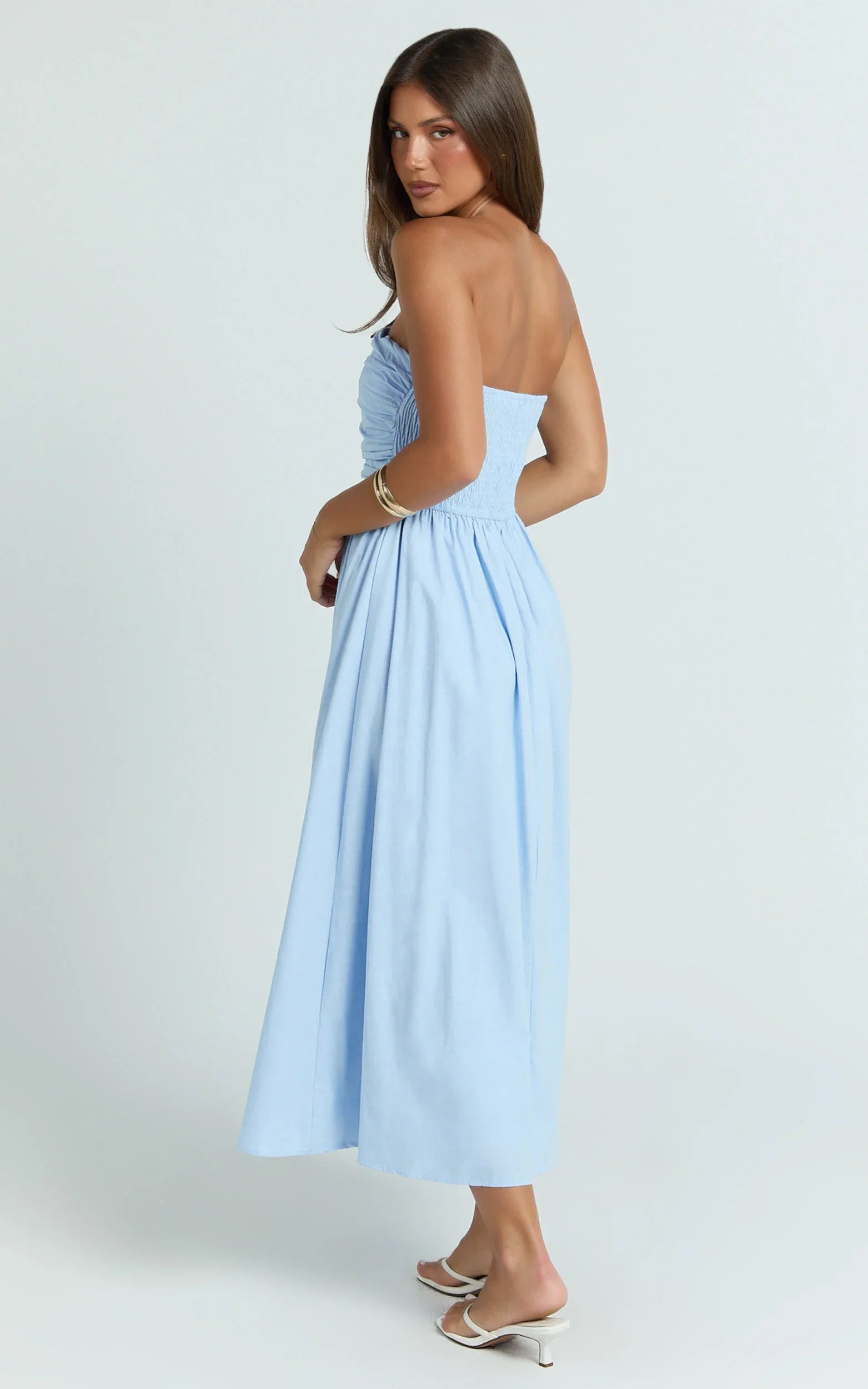 Polly Midi Dress Strapless Ruched Dress in Blue