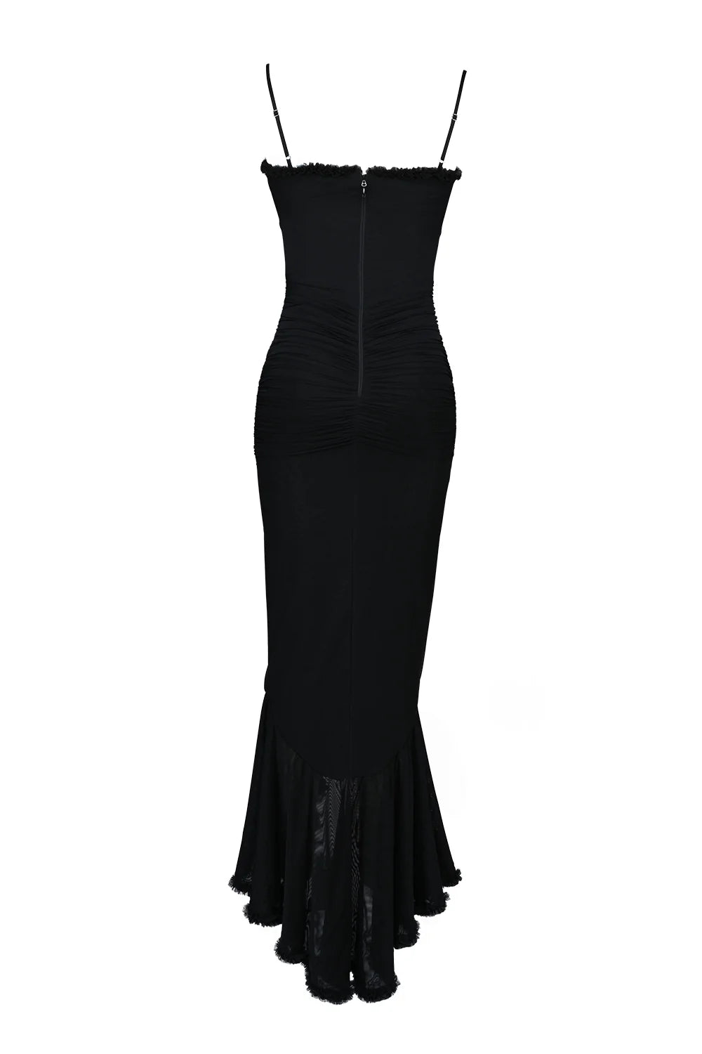 black mesh ruffled front gown