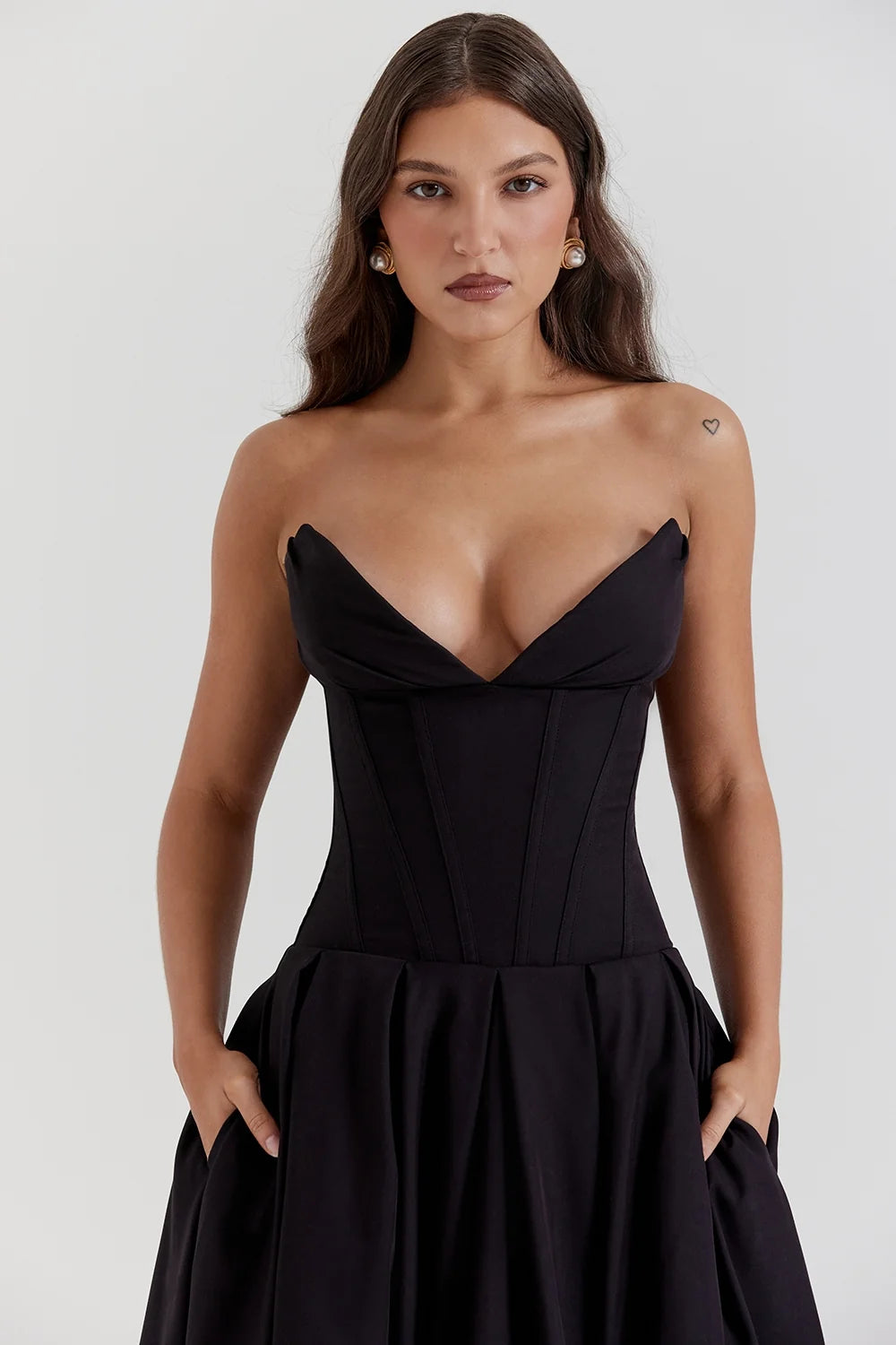 black strapless midi dress