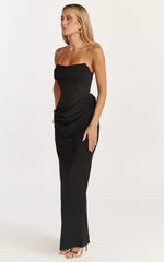 Phoebe Maxi Dress Strapless Structured Bodice Drape Skirt Dress in Black