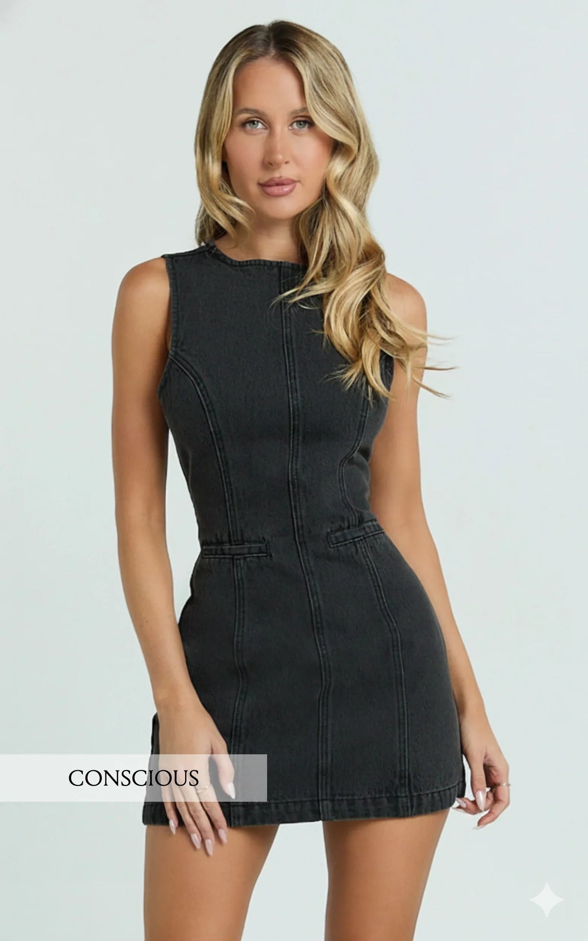 Olenna Mini Dress High Neck Fitted Denim Dress in Washed Black