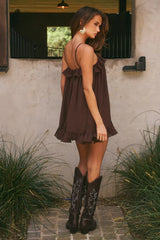 KRISTIA FLOUNCE RUFFLE MINI DRESS BITTER CHOCOLATE
