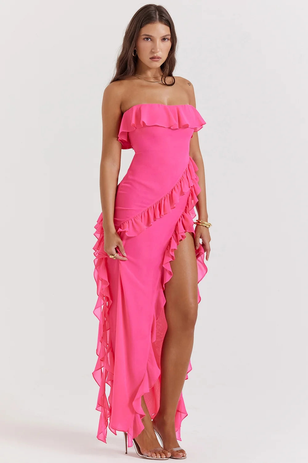 fuchsia ruffle maxi dress