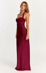 Flynn Maxi Dress Satin Halter Sweetheart Neck Dress in Wine