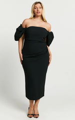 Lohan Midi Dress Off Shoulder Puff Sleeve in Black