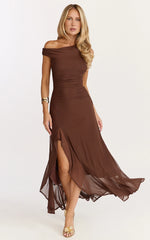 Judee Midi Dress One Shoulder High Side Split Dress in Chocolate