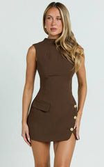 Langley Mini Dress Sleeveless High Neck Faux Wrap Tulip Dress in Brown