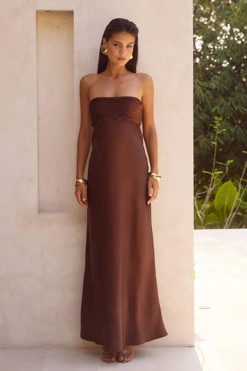 ELSA STRAPLESS SCARF MAXI DRESS CHOCOLATE