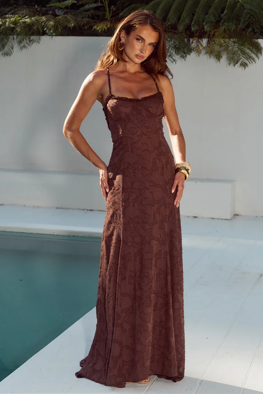 ELLERBY FRILL TRIM MAXI DRESS CHOCOLATE