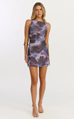 Nica Mini Dress Mesh Boat Neck Dress in Blue Blur