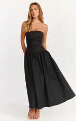 Louisa Maxi Dress Strapless Side Ruched Dropped Waist Fit And Flare Dress in Black