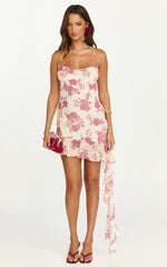 Lila Mini Dress Cowl Neck Asymmetric Frill Skirt Dress in Toile De Joie Print