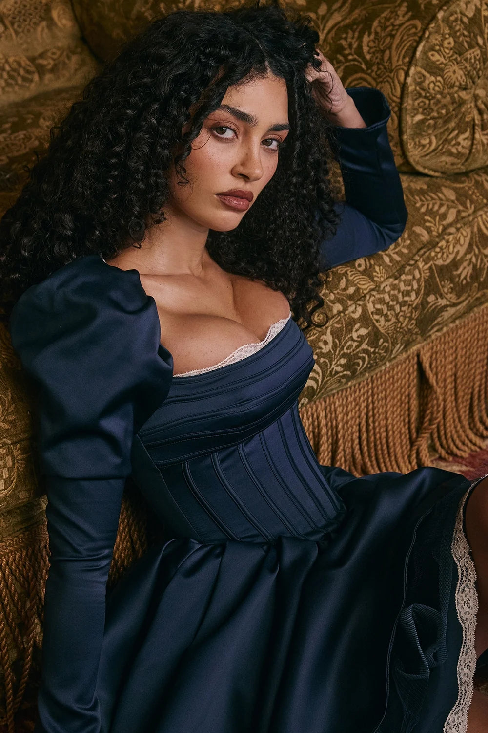 midnight satin puff sleeve mini dress sale