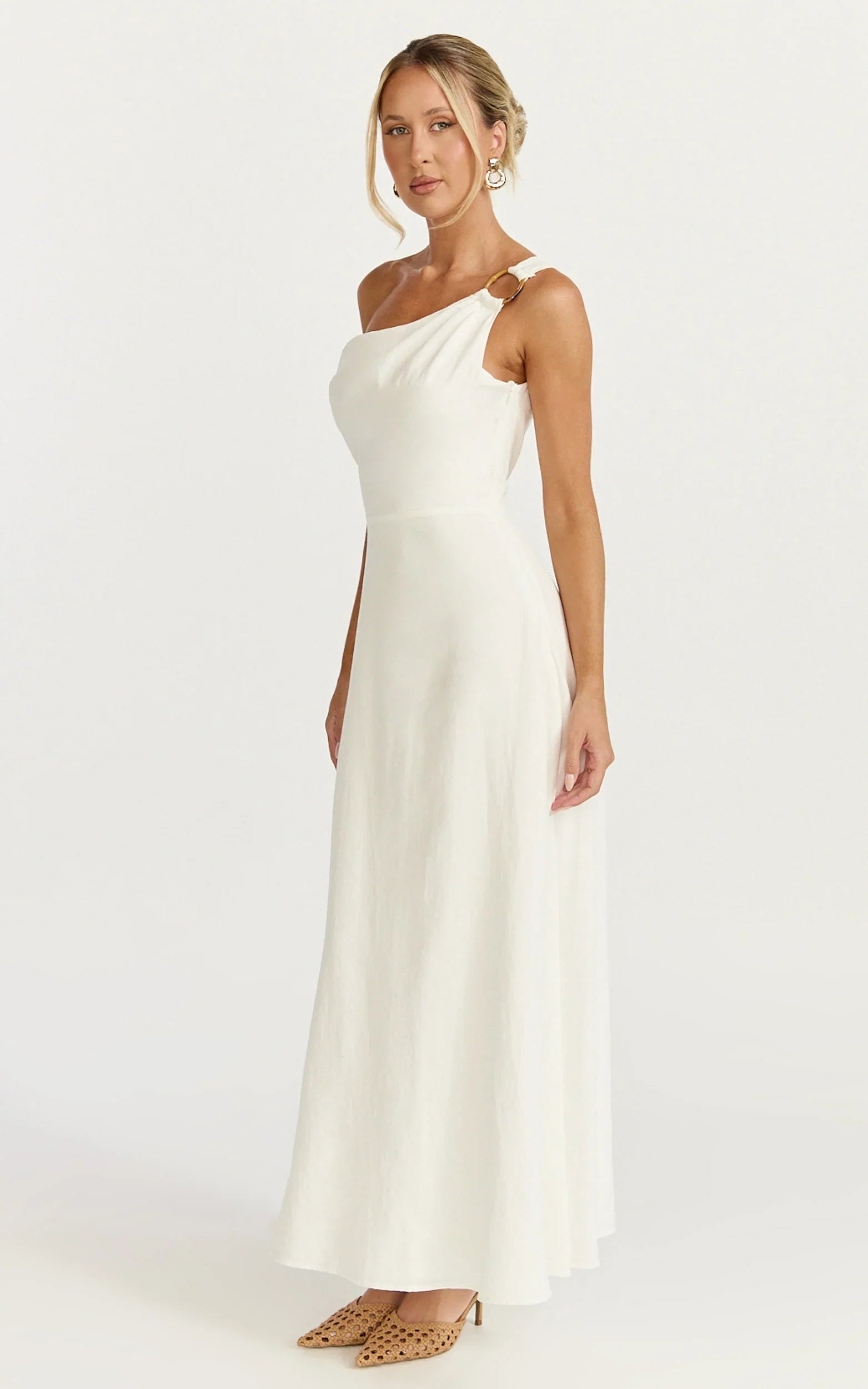 Amber Midi Dress Off The Shoulder Hardware Detail A Line Dress in White