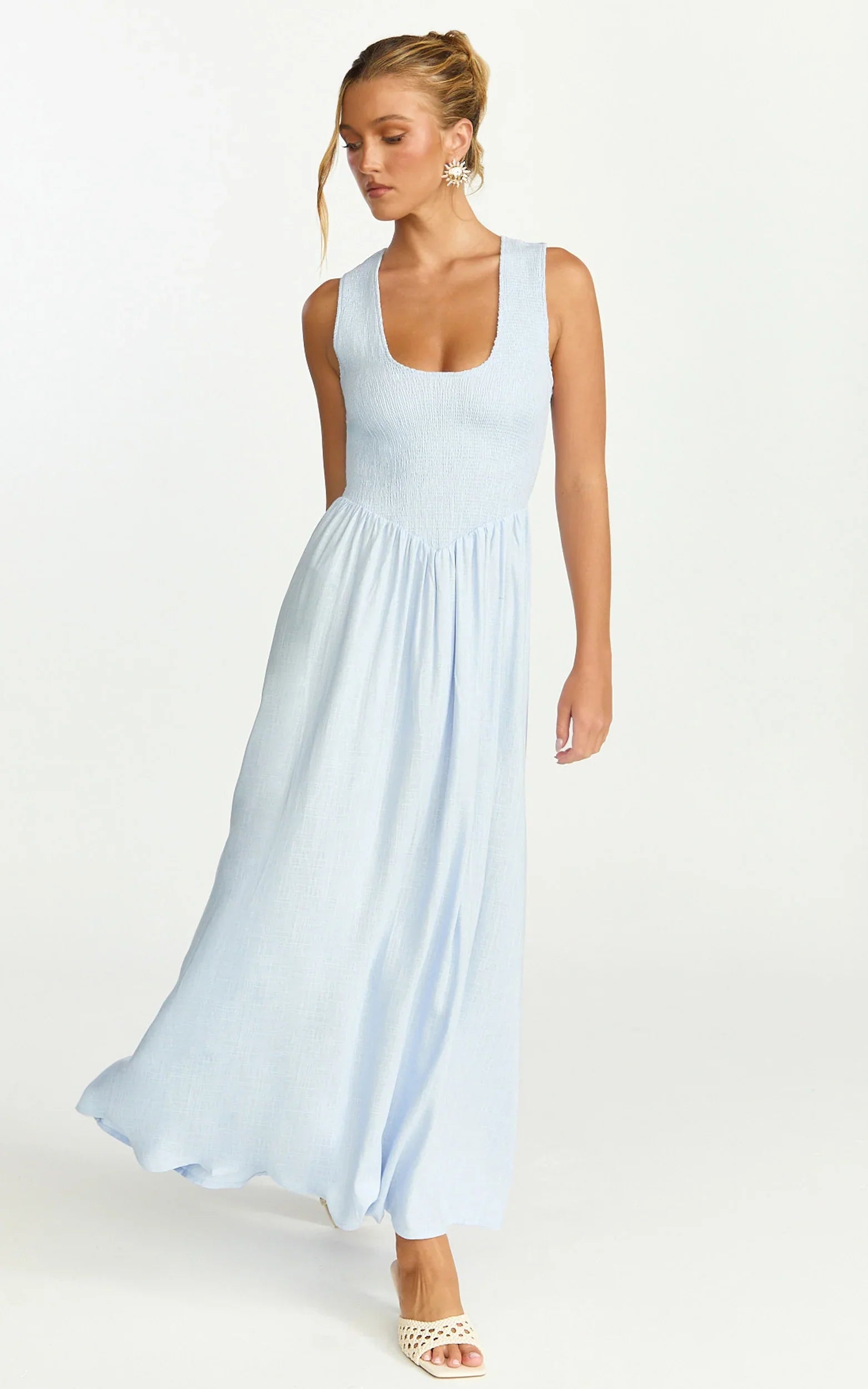 Luciana Maxi Dress U Neck Smock Dress in Blue