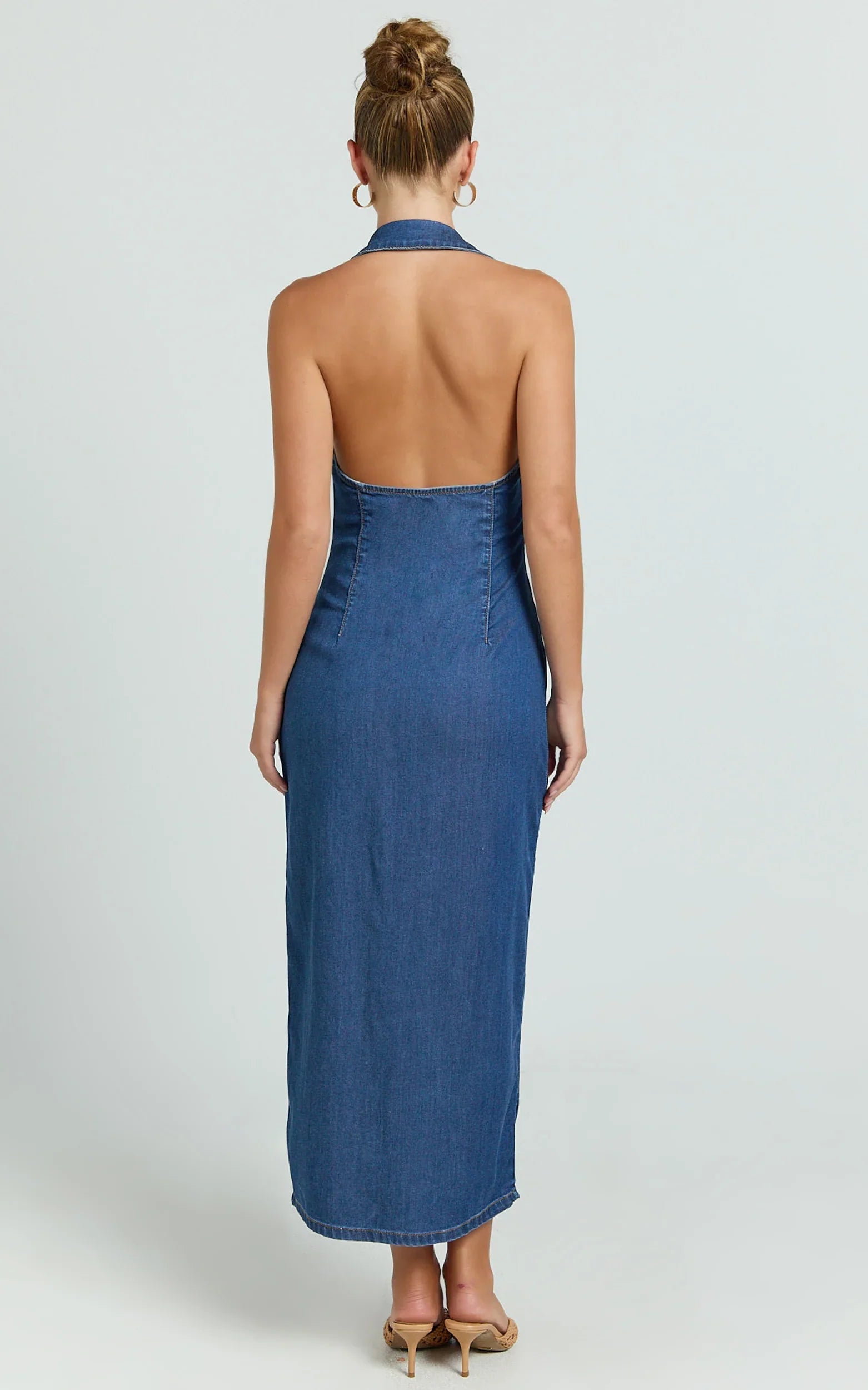 Olga Midi Dress Denim Collared Button Down Bodycon Dress in Mid Blue Wash