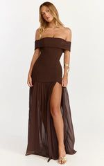 Florence Maxi Dress Off Shoulder Sheer Skirt Dress in Chocolate