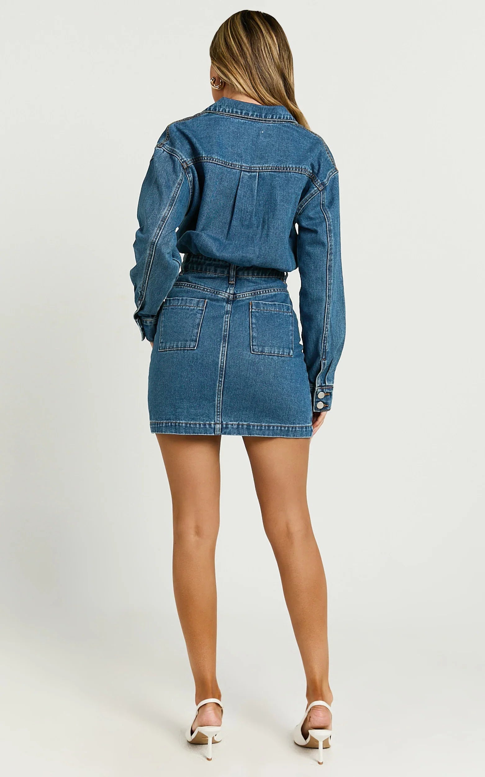 Kamala Mini Dress Long Sleeve Button Through Denim Dress in Dark Blue Wash