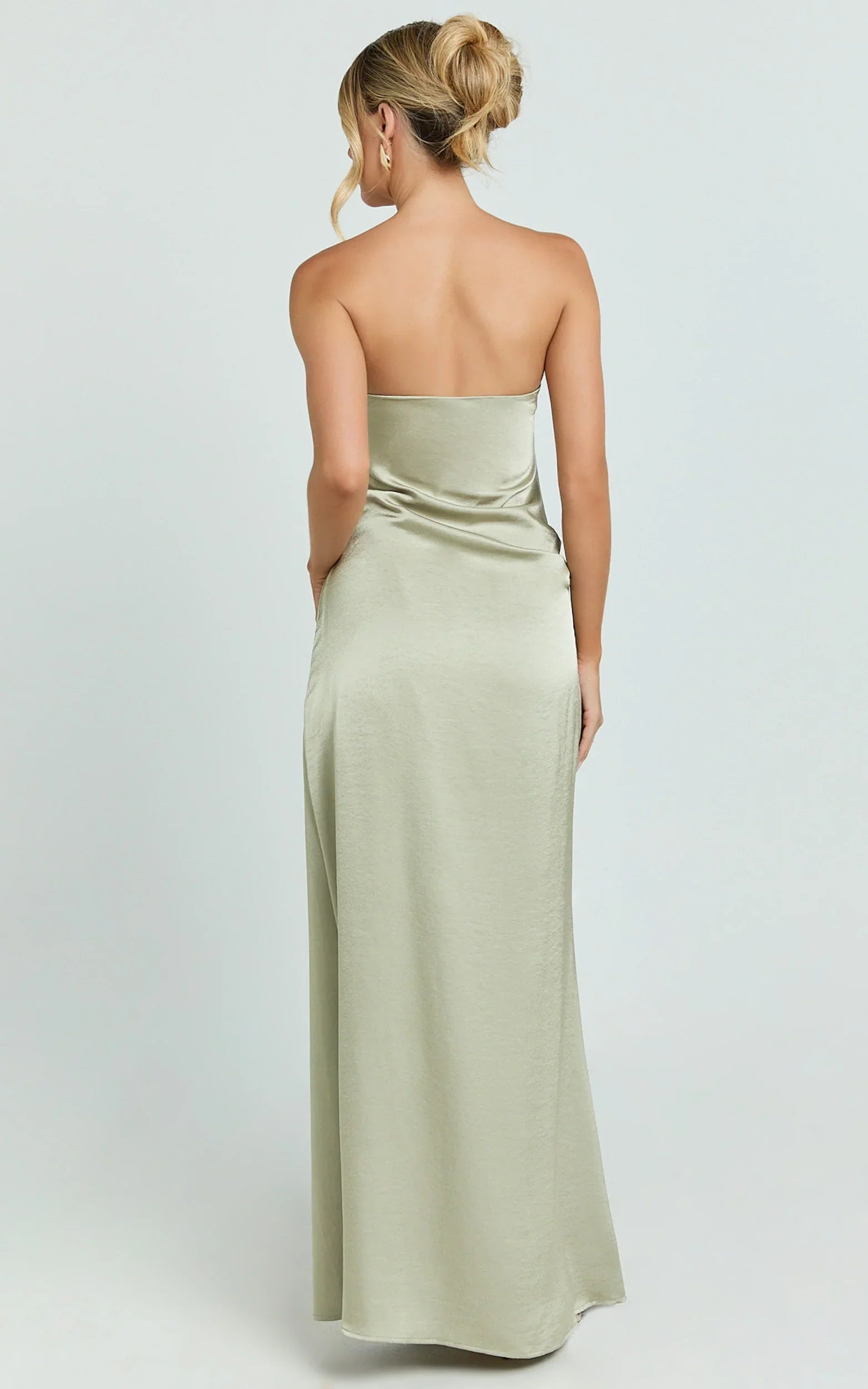 Laurie Maxi Dress Strapless Draped Satin Dress in Light Olive