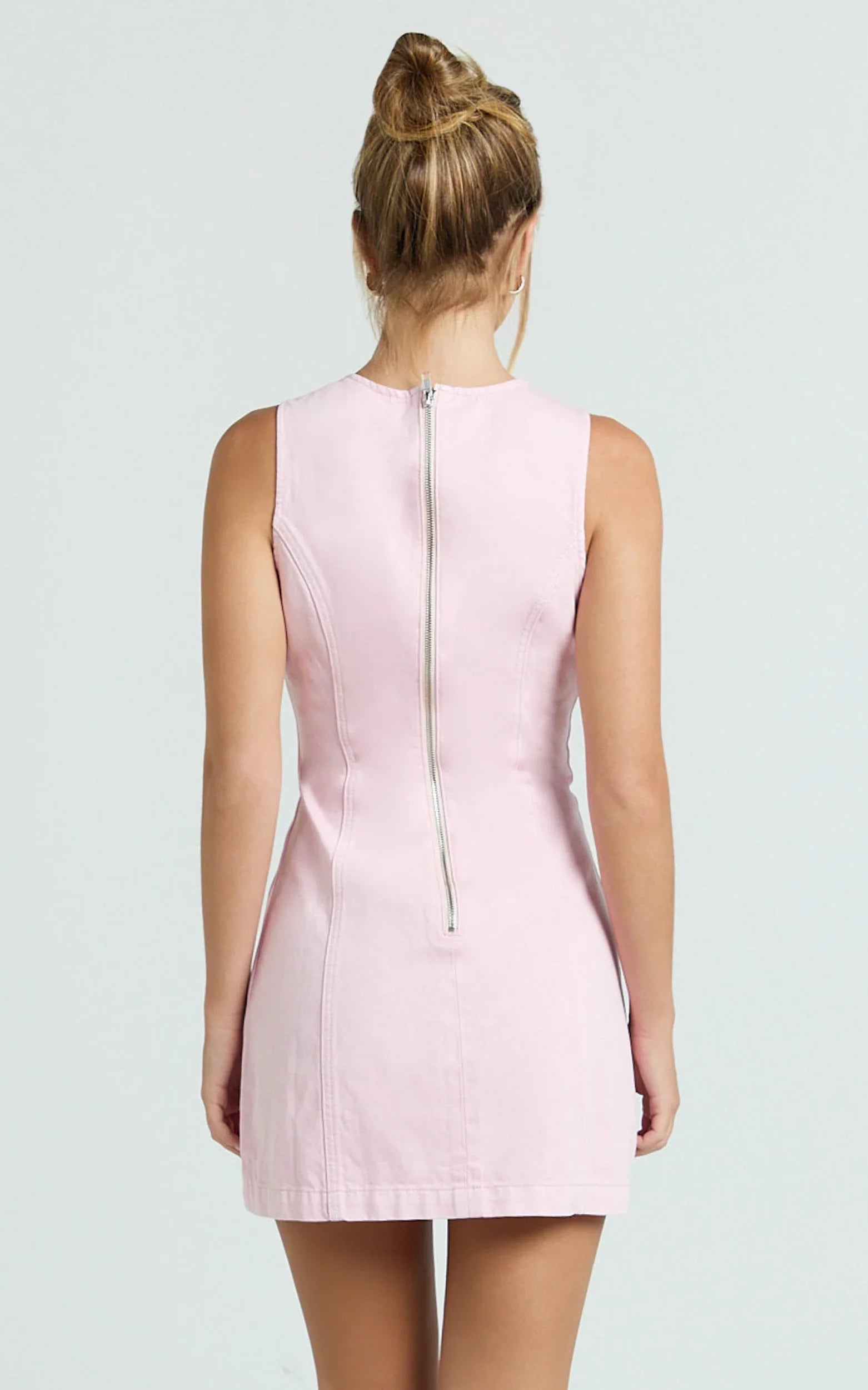 Olenna Mini Dress High Neck Fitted Denim Dress in Pink