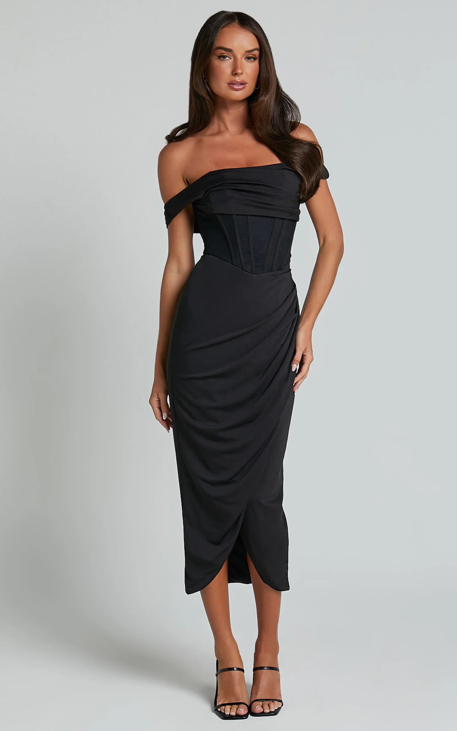 Aidia Midi Dress Off Shoulder Draped Corset Dress in Black