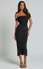 Aidia Midi Dress Off Shoulder Draped Corset Dress in Black