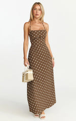 Leighton Maxi Dress Cross Over Spaghetti Straps Square Neck A Line Dress in Choc Cream Polka Dot