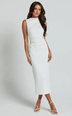 Aleks Midi Dress High Neck Bodycon Dress in Off White