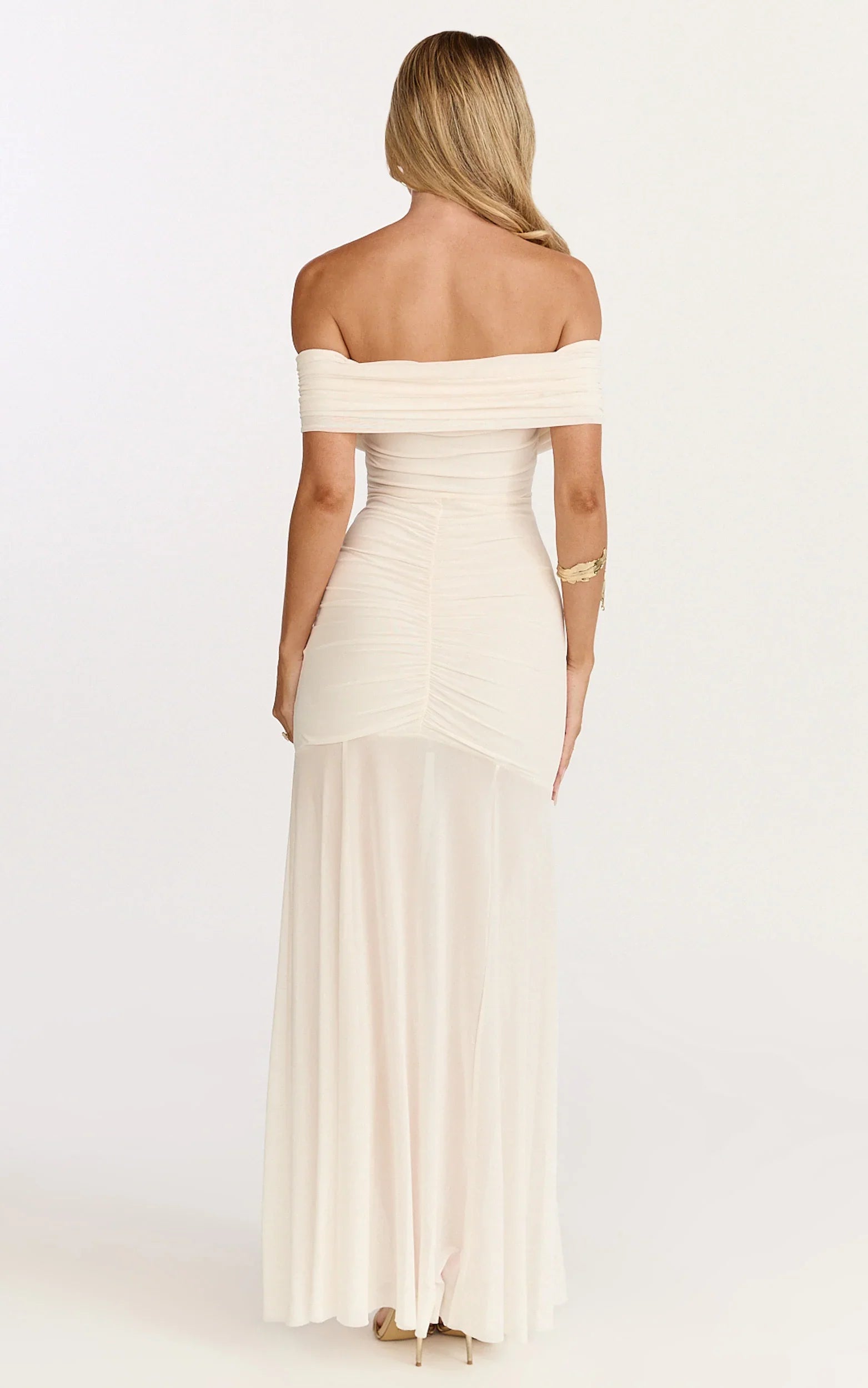 Alanna Maxi Dress Off Shoulder Ruched Mesh Dress in Cream