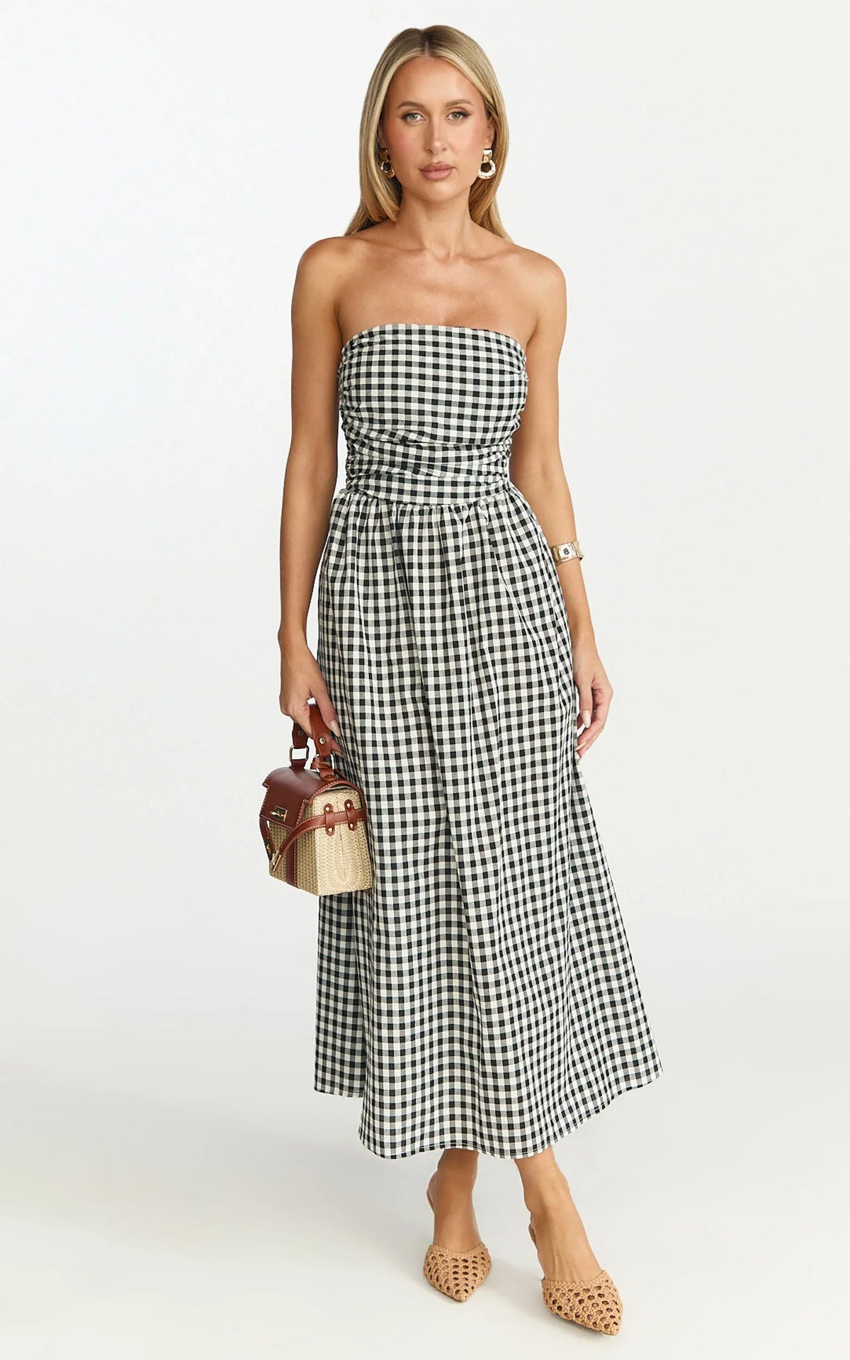 Polly Midi Dress Strapless Ruched Dress in Black Check