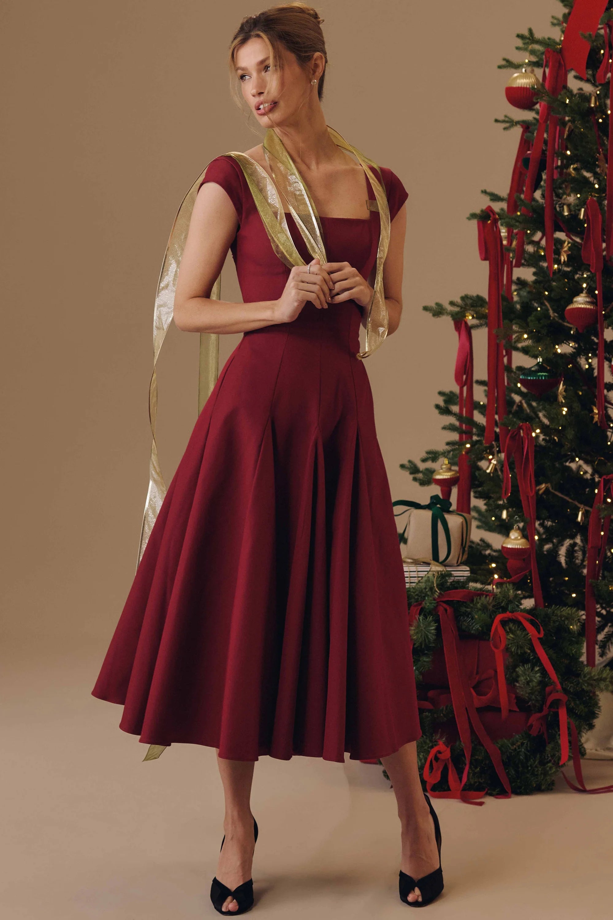 wine lace back twill midi dress