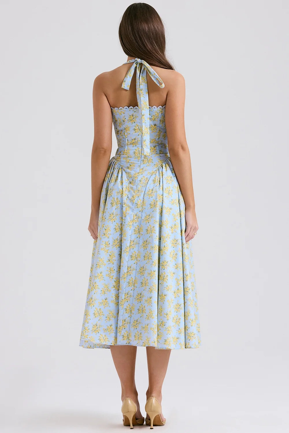soft blue vintage floral print cotton halter sundress