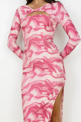 Raspberry Swirl Long Sleeve Midi Dress Pink