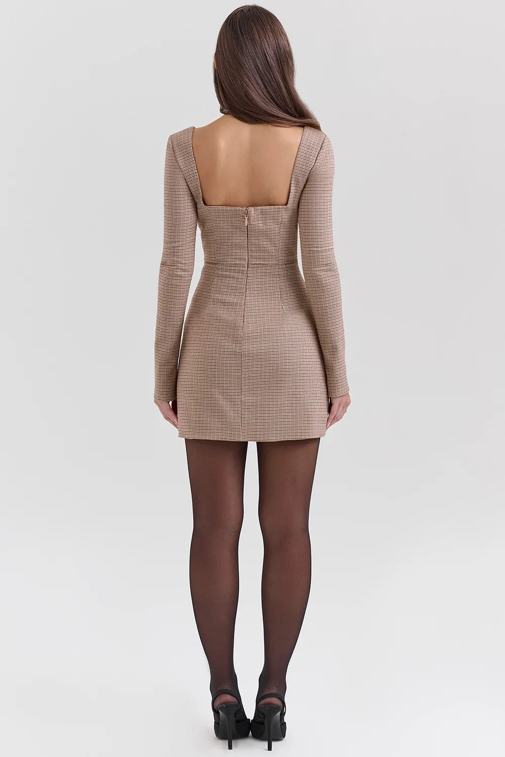 brown puppytooth check plunge mini dress sale