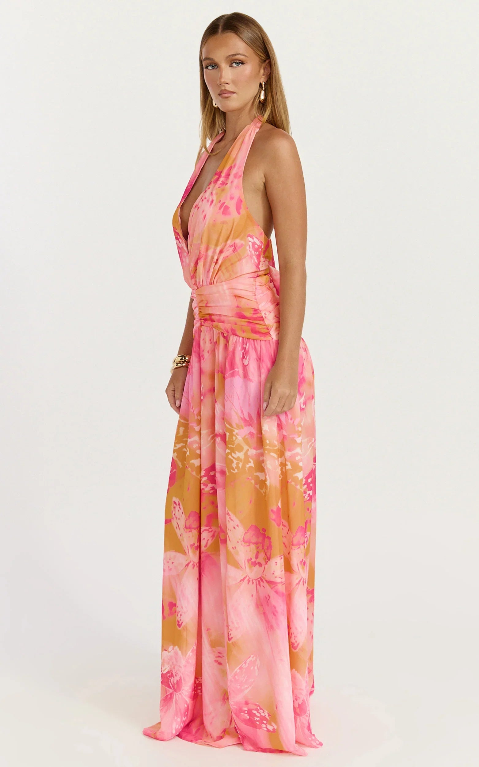 Nova Maxi Dress Plunge Neckline Backless Georgette Dress in Hot House Orchid Print