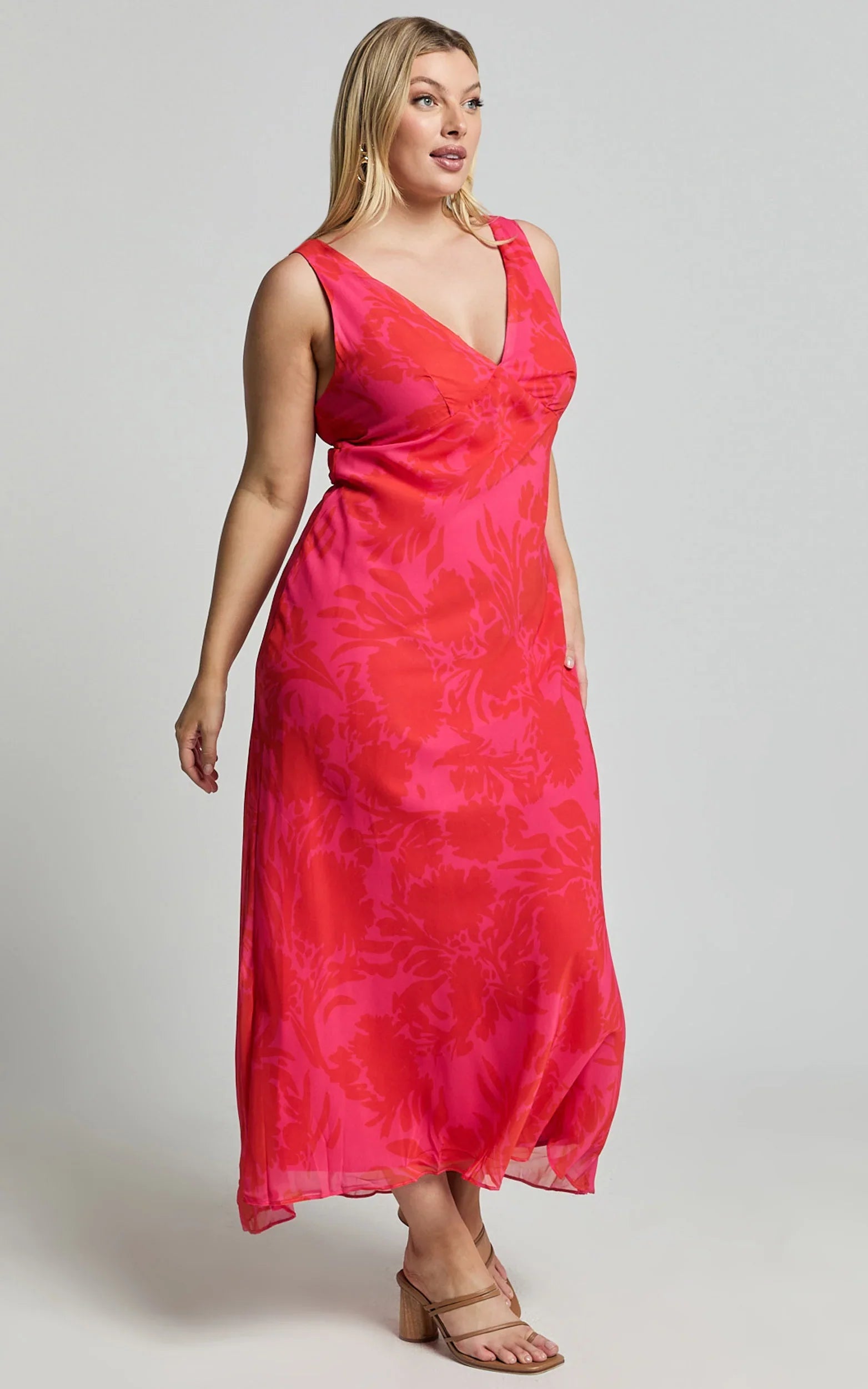 Jodie Midi Dress V Neck Slip Dress in Pink Floral