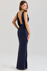 navy satin draped cowl neck maxi dress
