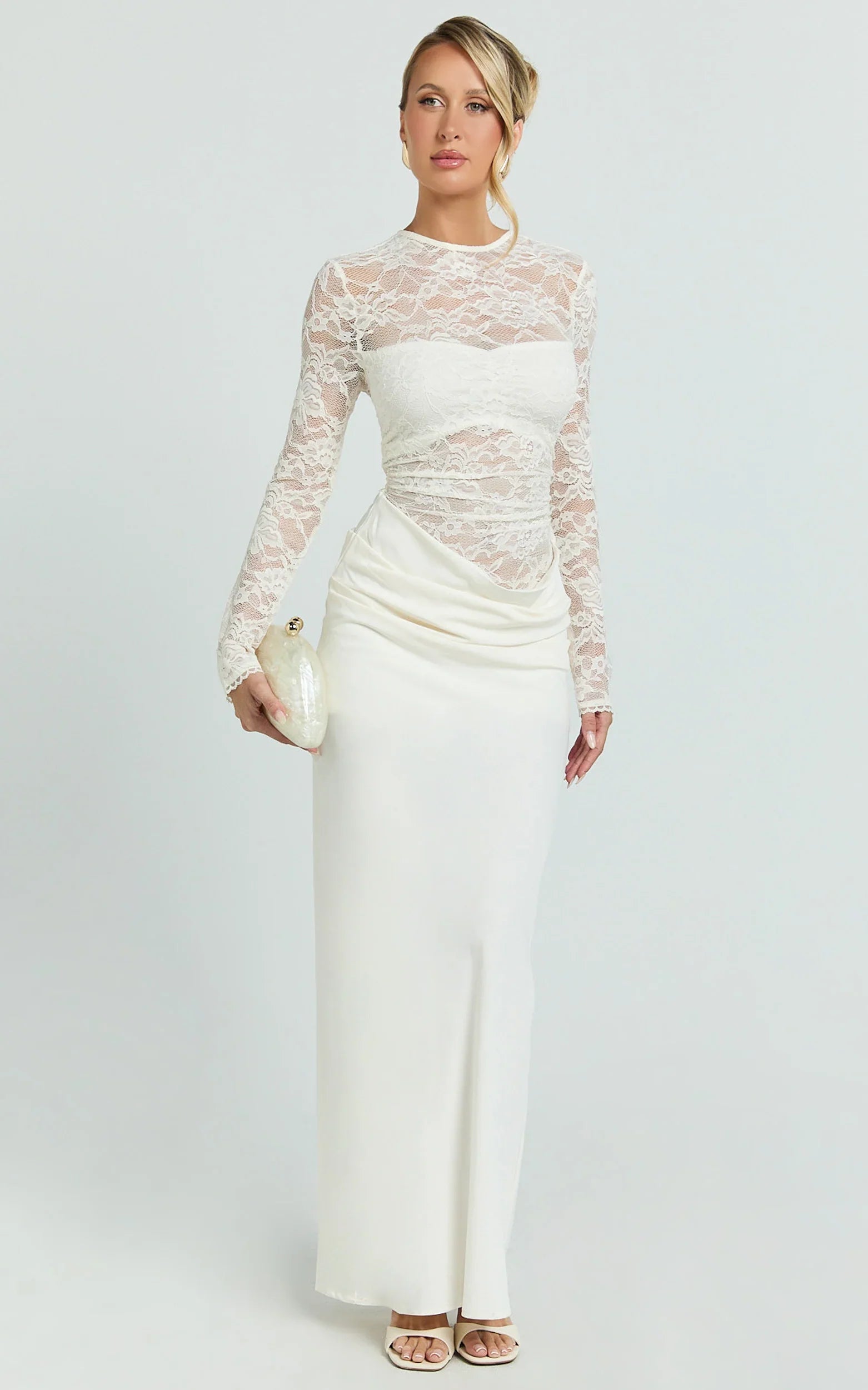 Crisanta Maxi Dress Long Sleeve Contrast Lace Bodycon Dress in Ivory