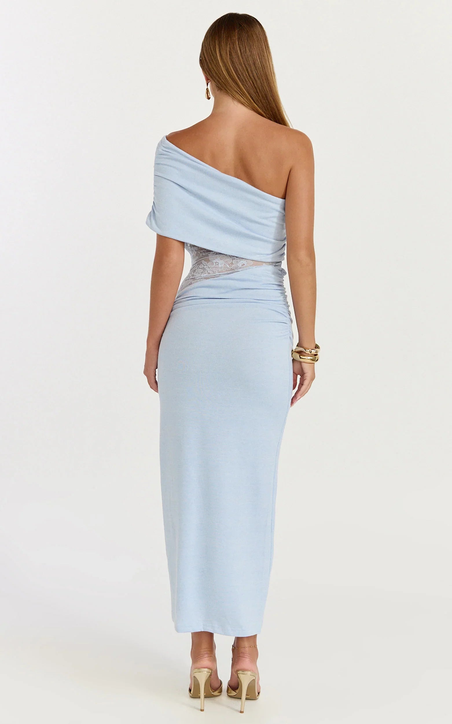 Juliet Midi Dress One Shoulder Lace Contrast Bodycon Dress in Blue