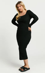 Lucy Midi Dress Ribbed Side Ruched Bodycon Dress in Black