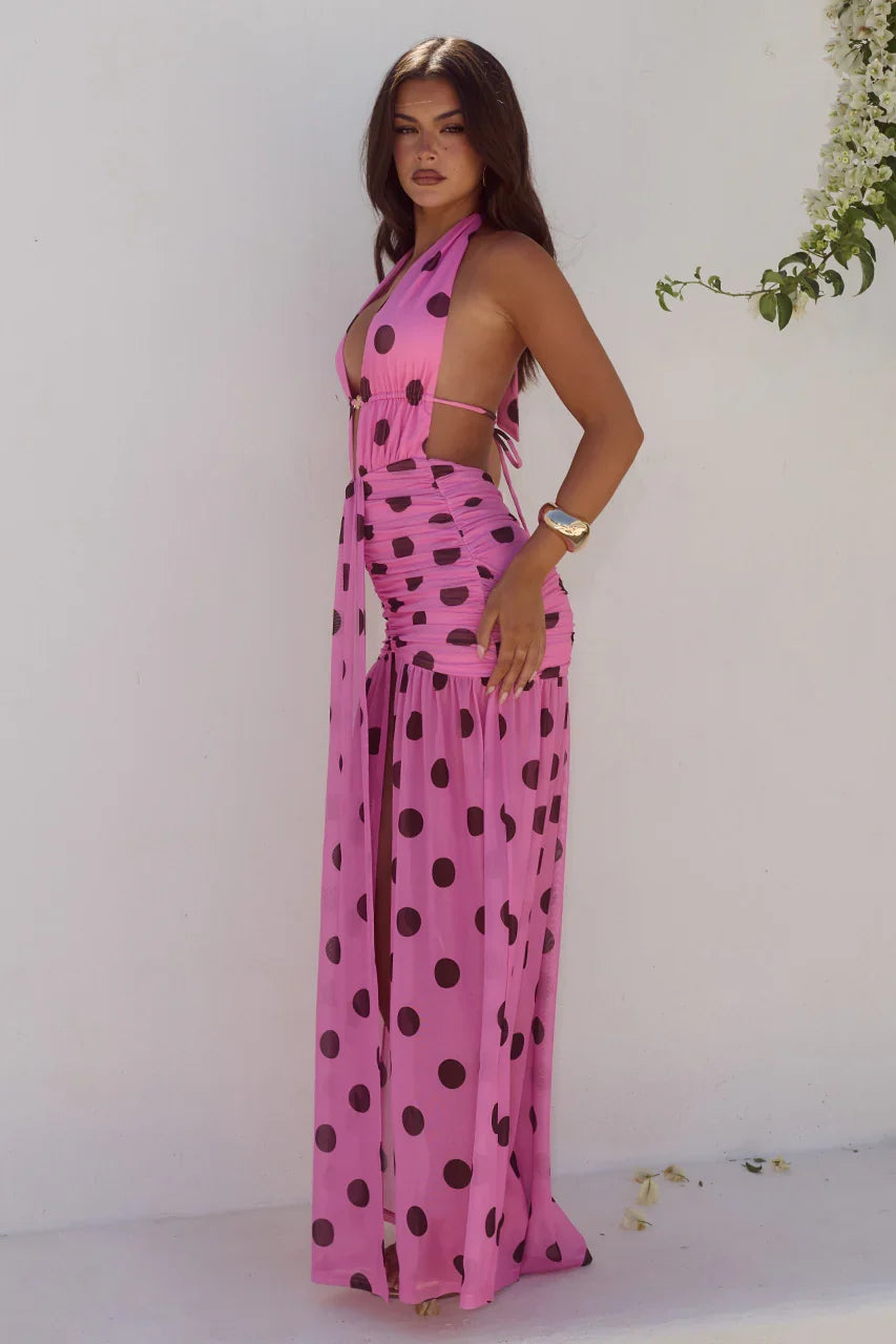ADRIANNA PLUNGE RUCHED MAXI DRESS MUSK CHOC POLKA