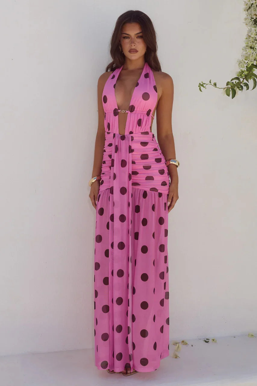 ADRIANNA PLUNGE RUCHED MAXI DRESS MUSK CHOC POLKA